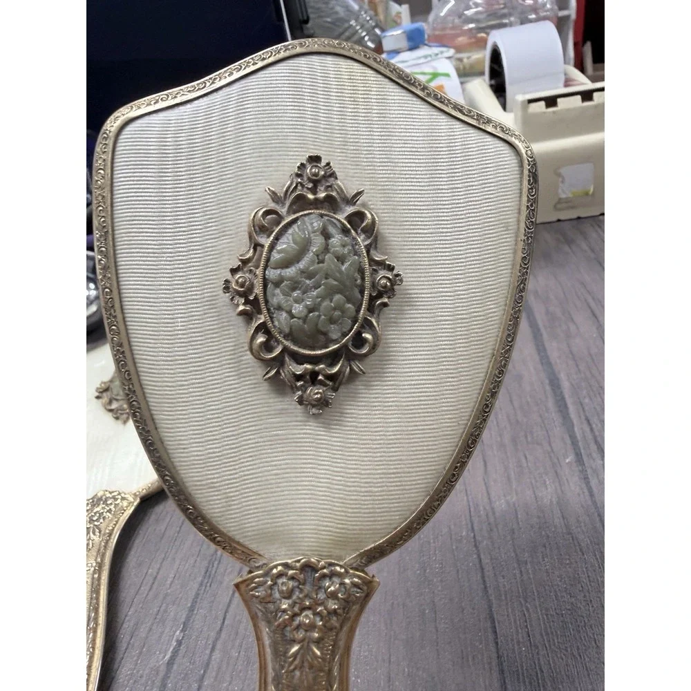 Hollywood Regency Vtg 2pc Vanity Set Ornate Floral Cameo 24k Gold Plate USA